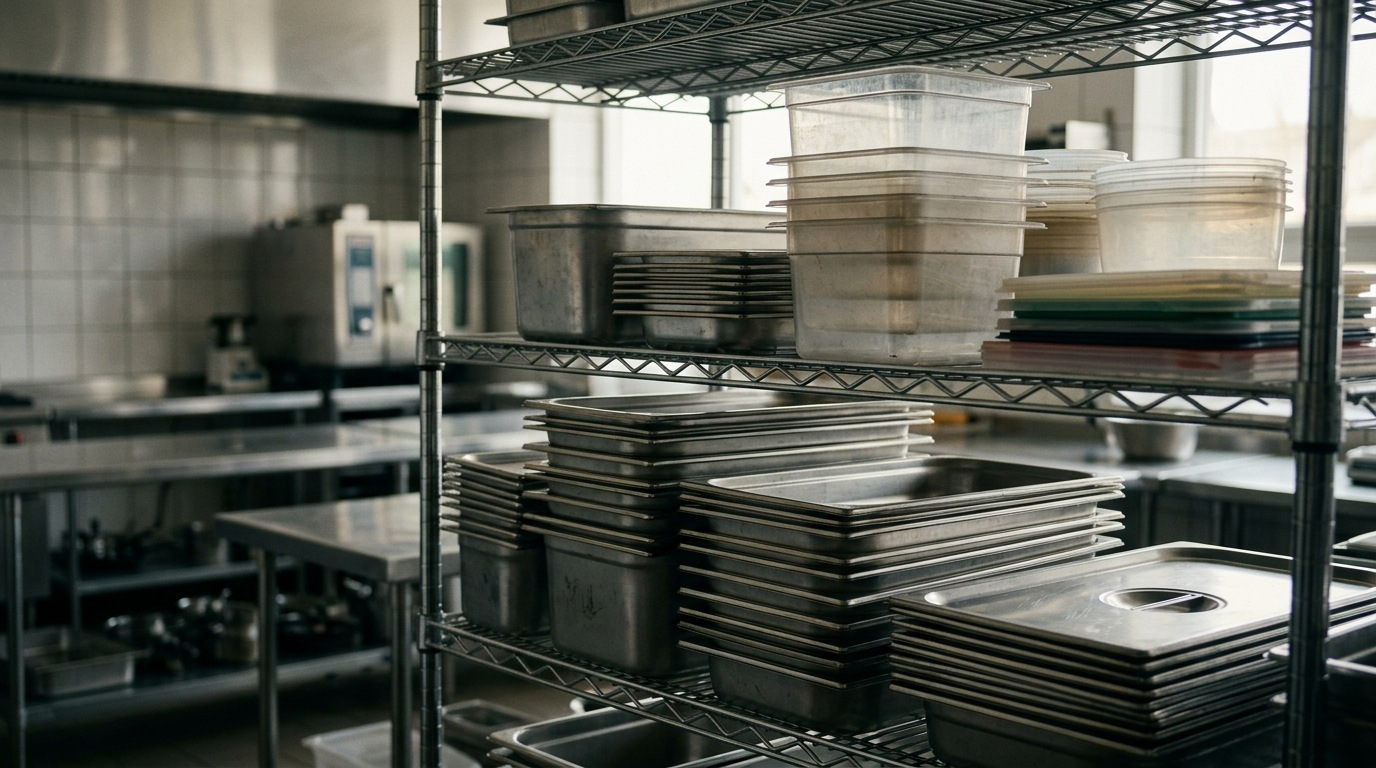 Stainless steel food pans and clear containers on a kitchen shelf