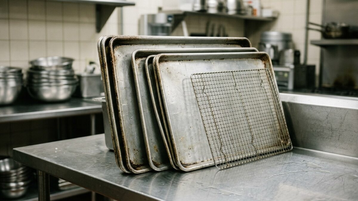 Aluminum sheet pans and a wire rack on a prep table