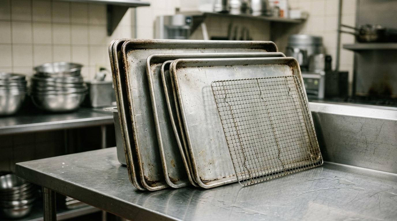 Aluminum sheet pans and a wire rack on a prep table