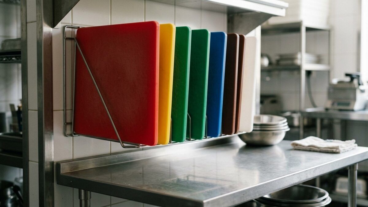 Color-coded cutting boards in a rack above a prep table