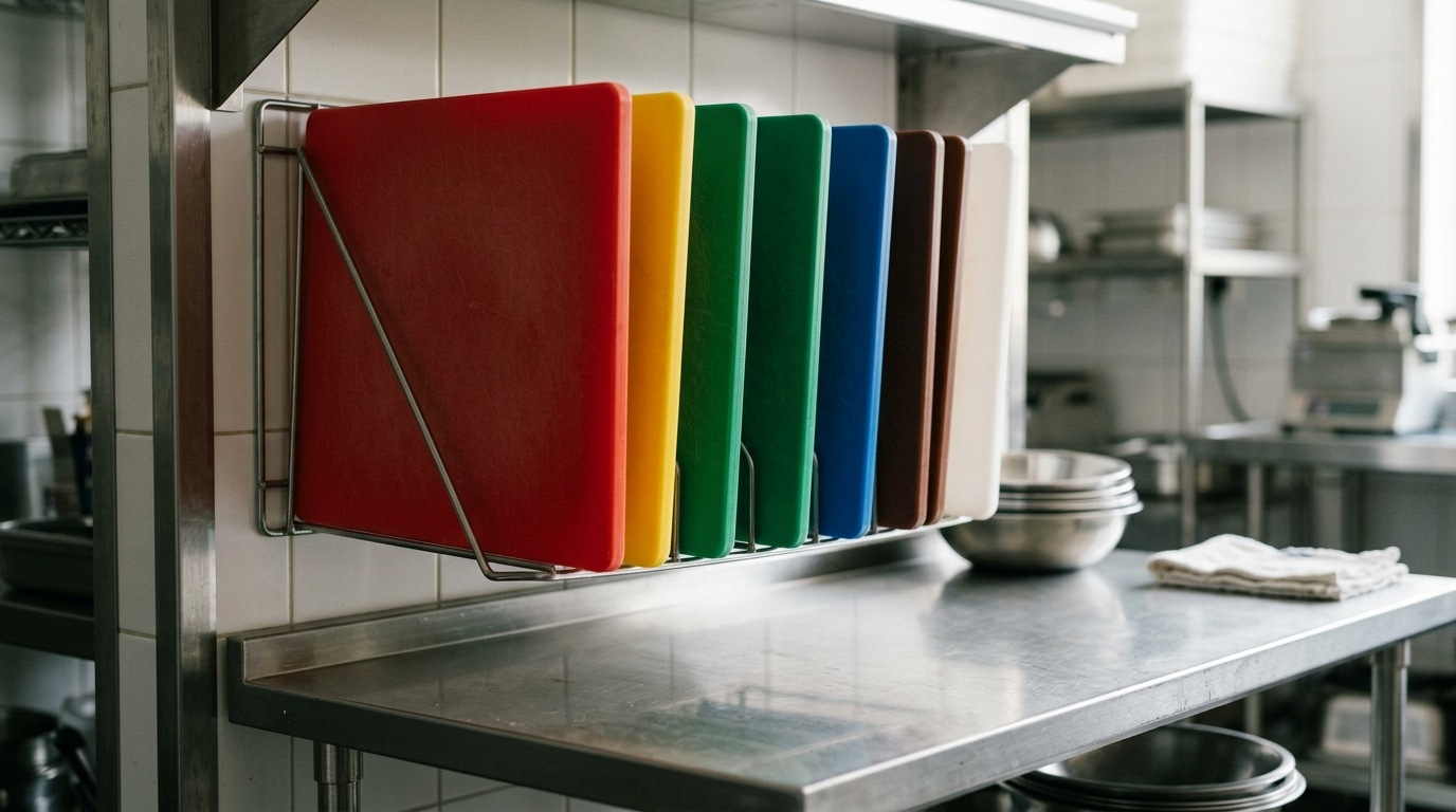 Color-coded cutting boards in a rack above a prep table