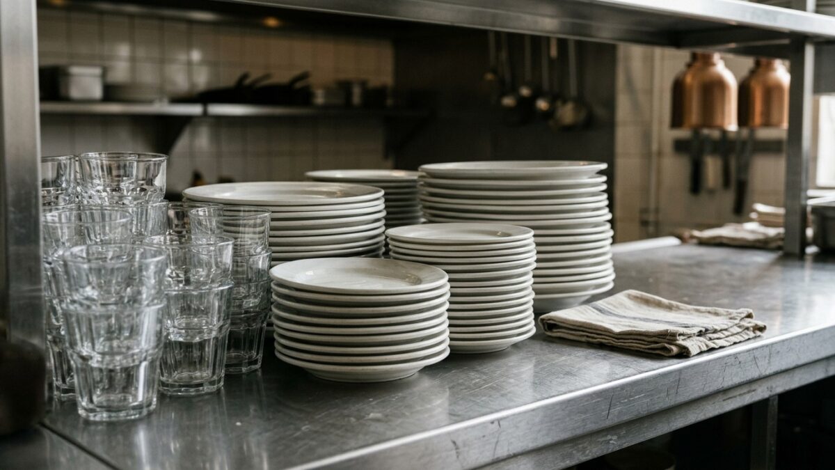 Stacked white plates and clear glasses on a service counter