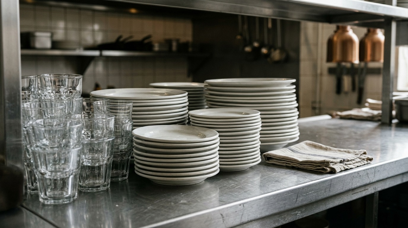 Stacked white plates and clear glasses on a service counter