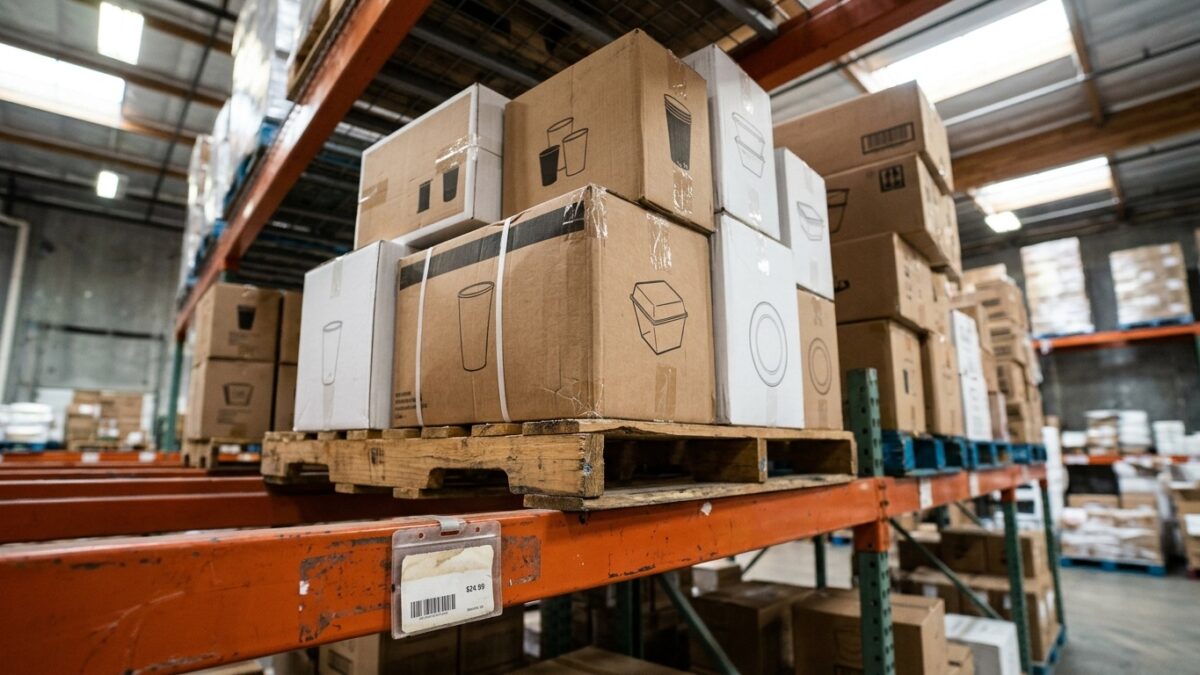Cases of restaurant supplies beside a price tag on a shelf