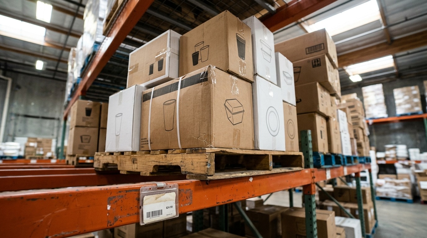 Cases of restaurant supplies beside a price tag on a shelf
